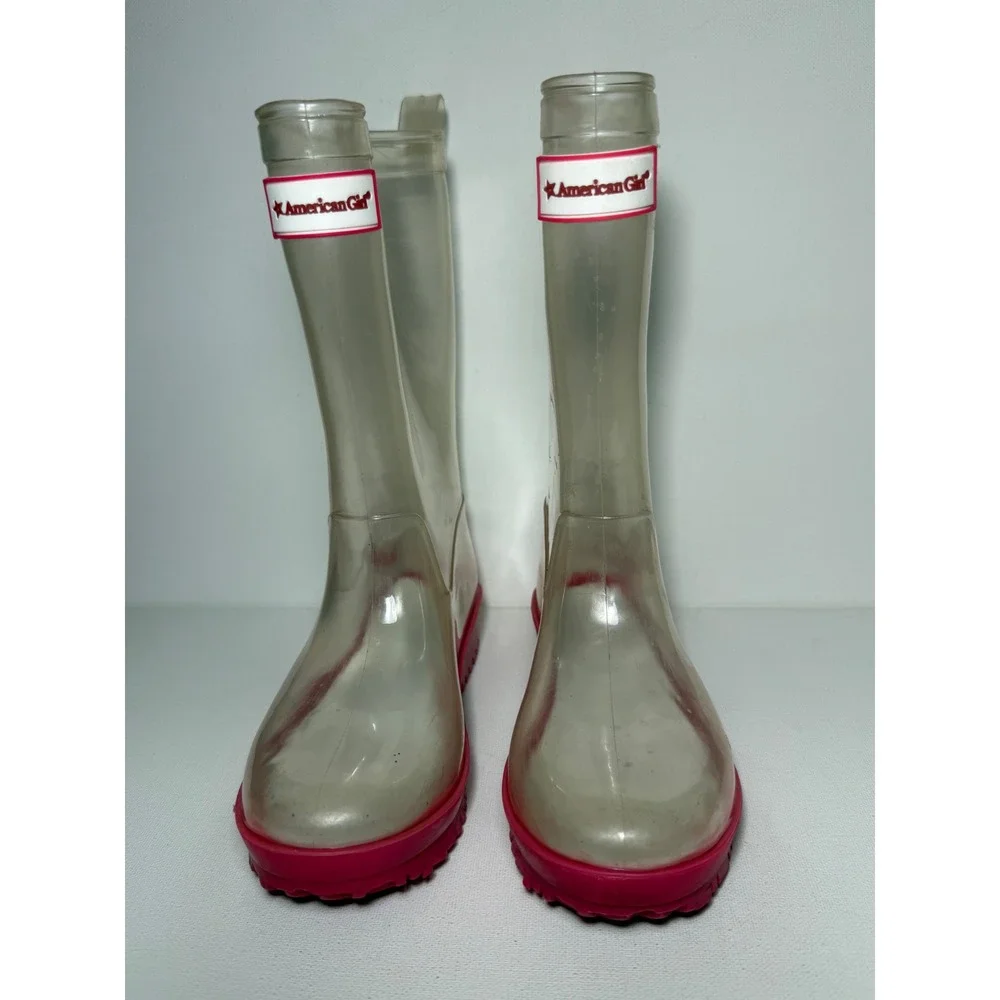 American Girl Wellie Wishers Willa Clear and Pink Rain Boots Girls Sz 12 EUC